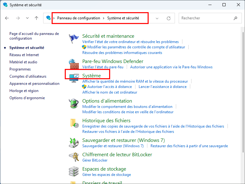 cliquez sur le systeme dans la fenetre du systeme et de la securite