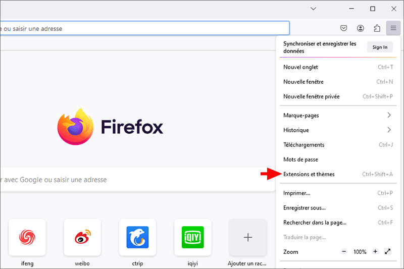 cliquez sur les extensions dans firefox