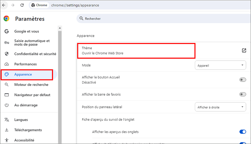 cliquez sur loption theme sous les apparences