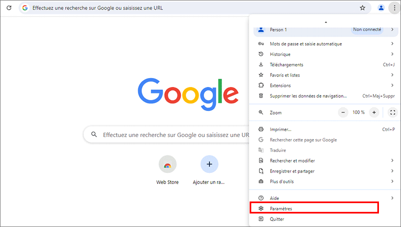 cliquez sur parametres sur google