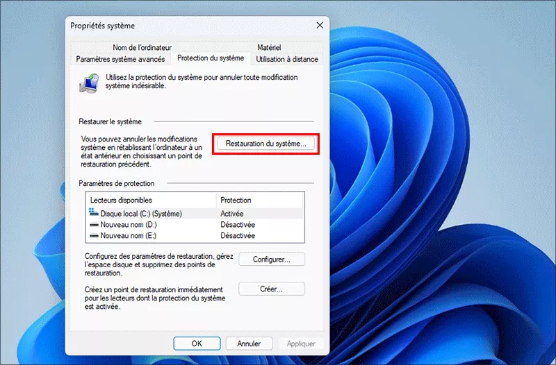 cliquez sur restauration du systeme