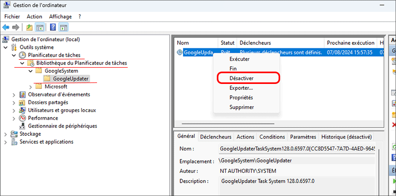 desactiver le planificateur de taches google