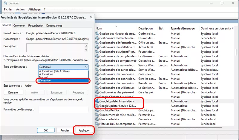 desactiver le service de mise a jour auto chrome