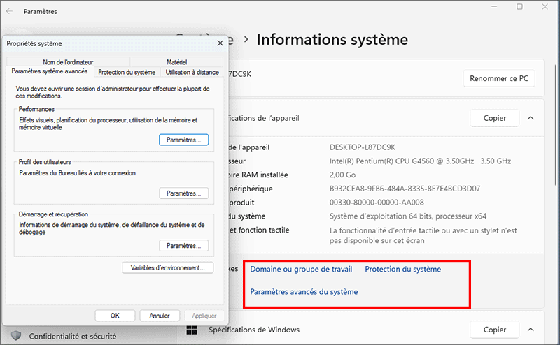 proprietes systeme sur Windows 10/11