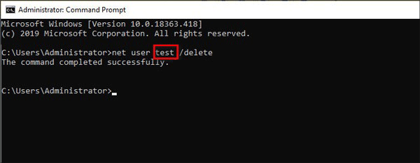 supprimer compte utilisateur administrateur via cmd