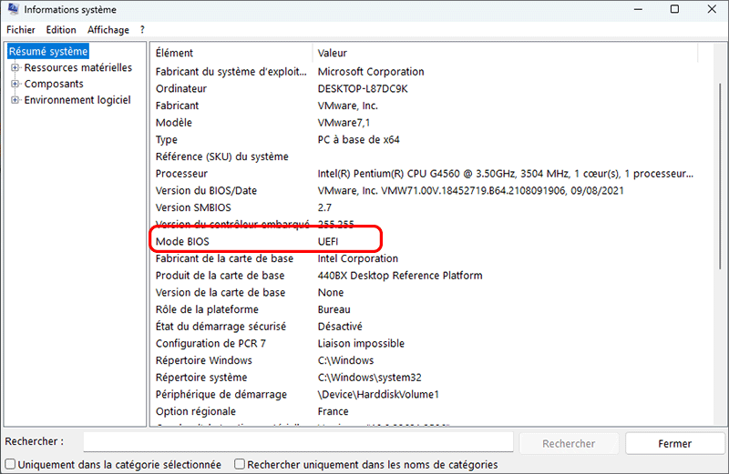 verifier le mode bios de lordinateur