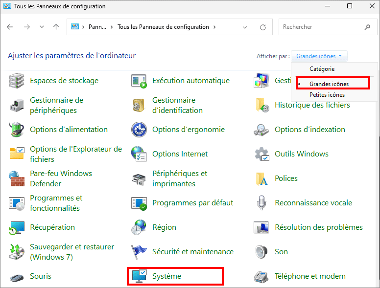 choisir une grande icone pour trouver le systeme