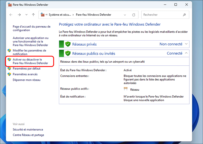 cliquez allumer windows defender firewall on or off 