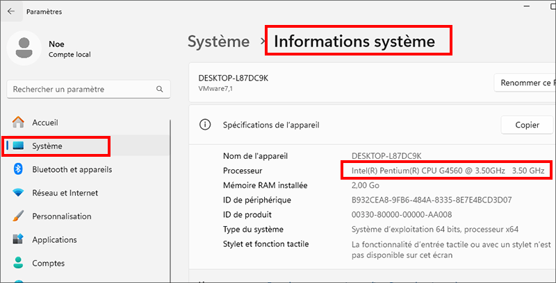 cliquez sur le point pour trouver les specifications du processeur