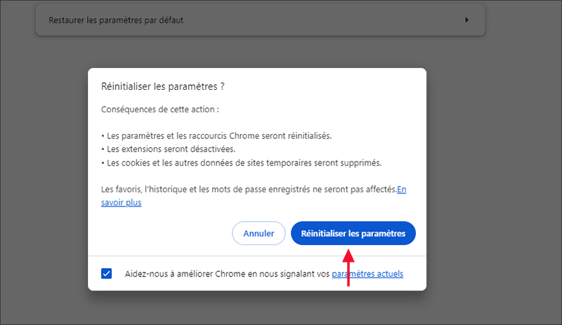 cliquez sur reinitialiser les parametres