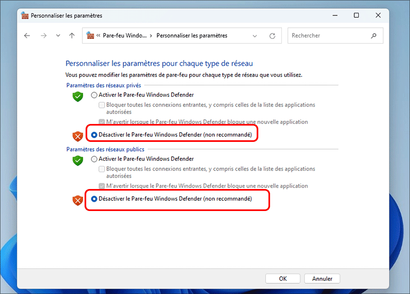 cocher desactiver loption