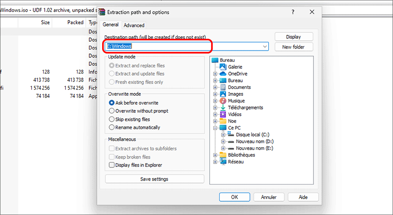 definir un dossier de destination pour enregistrer les fichiers extraits