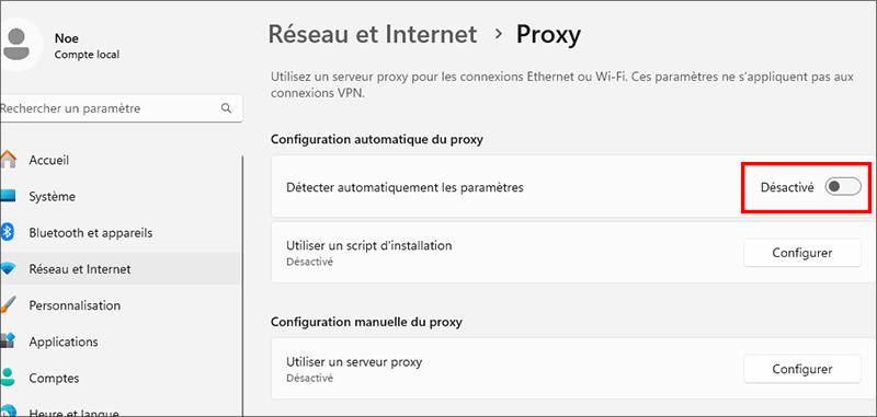 desactiver detecter automatiquement settings