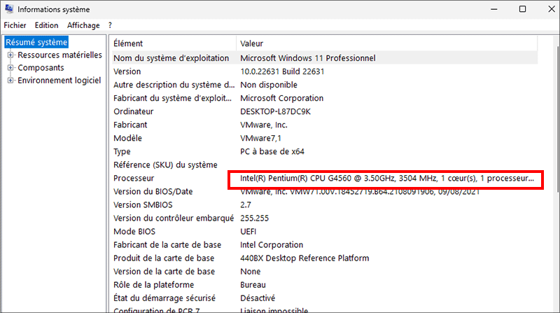 obtenir cpu spec in system information window