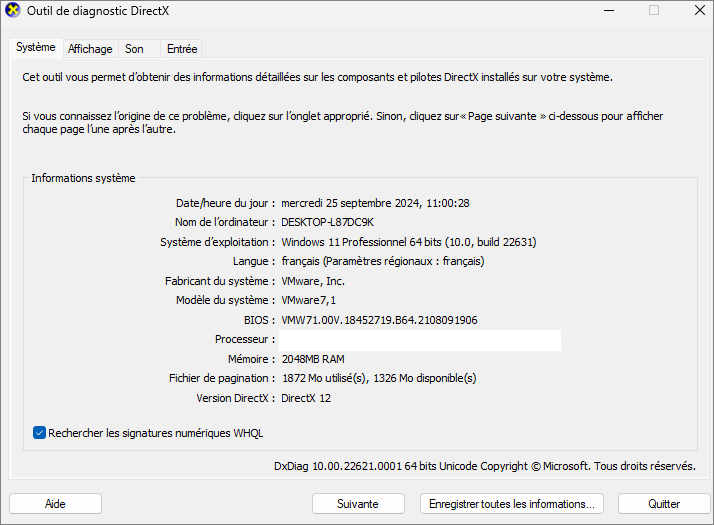 obtenir le processeur dans loutil de diagnostic