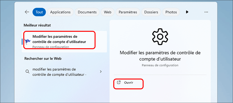 ouvrir changer les parametres de controle de compte utilisateur