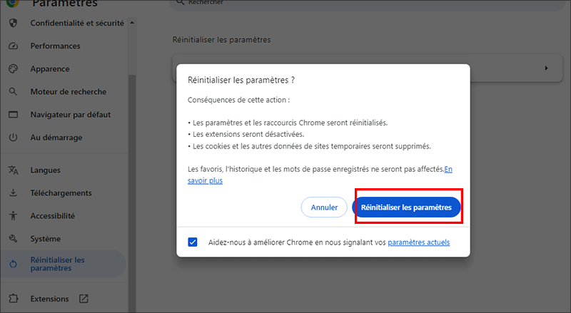 restaurer google chrome settings
