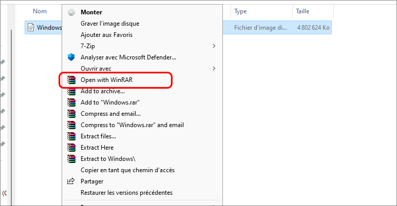 selectionner ouvrir avec rar