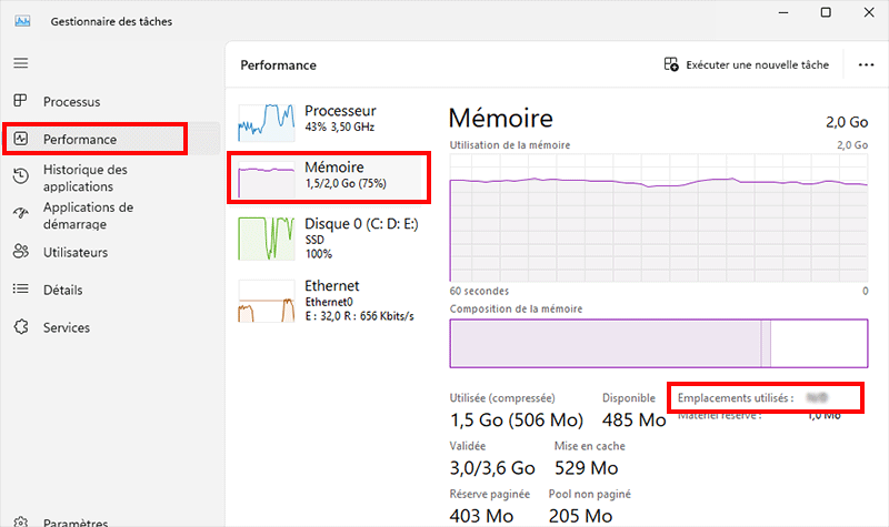 verifier le numero demplacement ram via le gestionnaire de taches