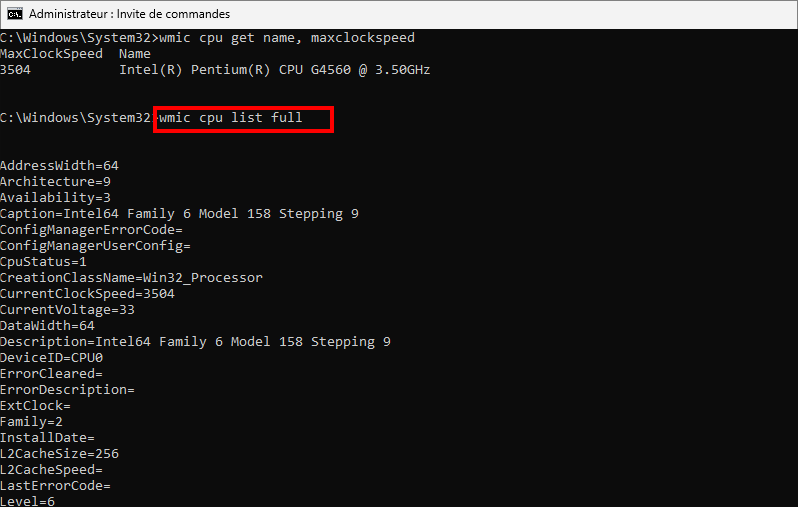 verifier tous les details du processeur dans cmd