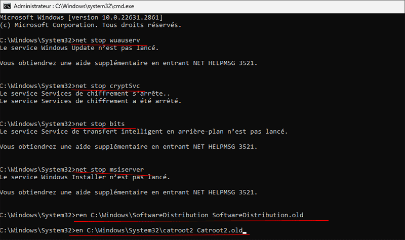 arrêter le service windows et renommer deux dossiers